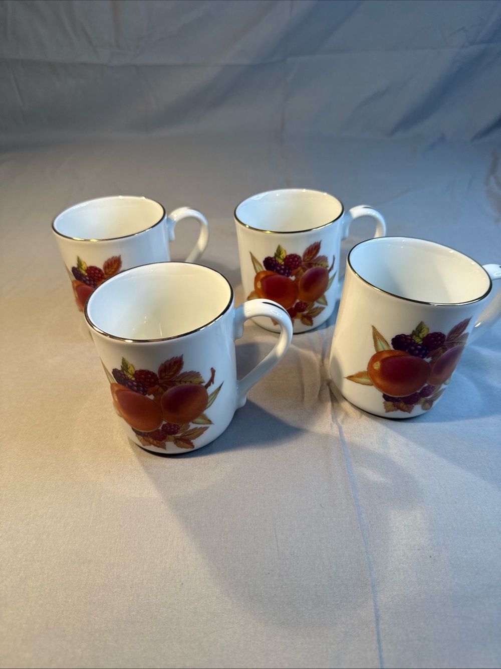 Royal Worcester White Fruit-Decor Porcelain Mugs with Gold Trim - Set of 4